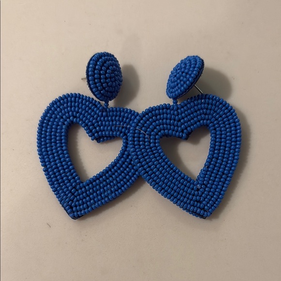 Elegant Blue Beaded Heart Earrings - Picture 1 of 1
